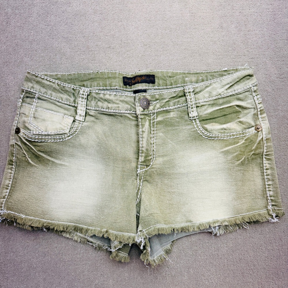 Southpole Womens Olive Green Thick Stitch Frayed Denim Jean Shorts Size 11 Y2K